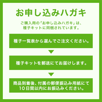 お申し込みハガキ：「ご購入用のお申し込みハガキ」は、種子キットに同梱されています。